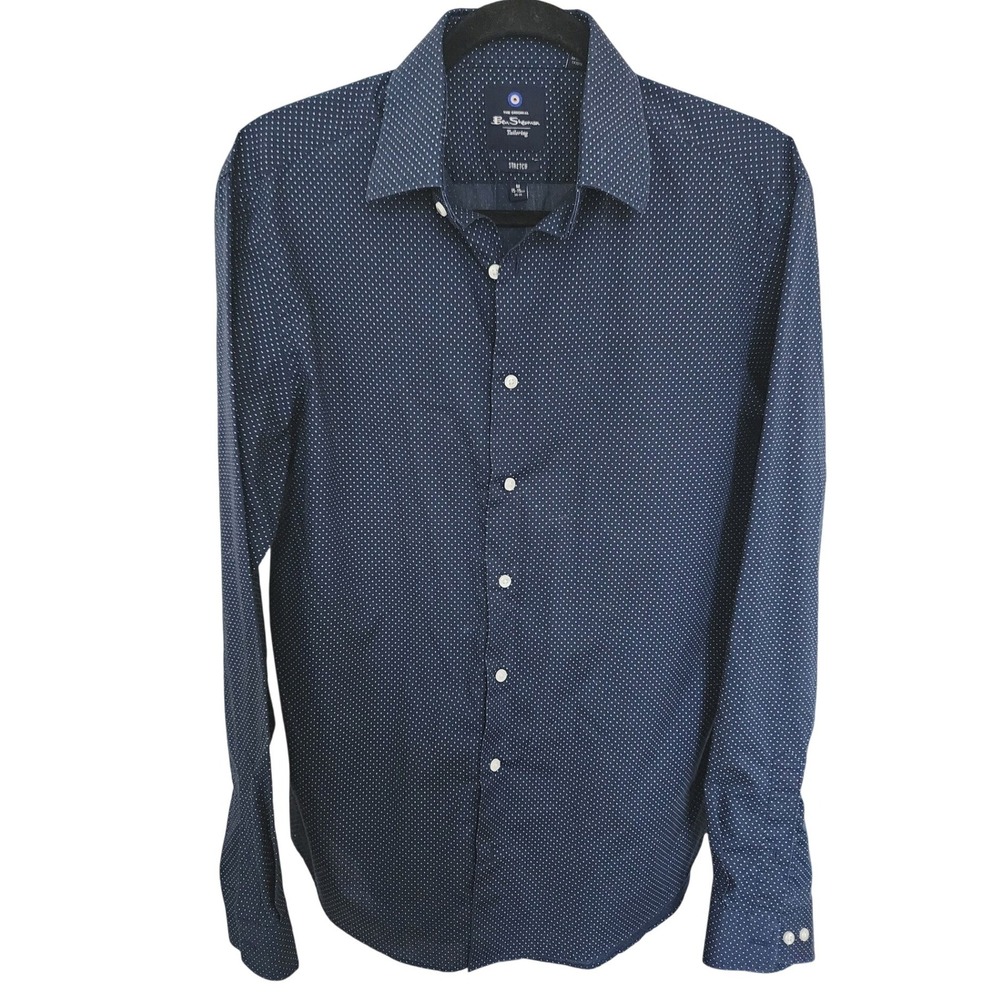 Ben Sherman Tailoring Mens Navy Blue Micro Polka Dot Stretch Dress Shirt M